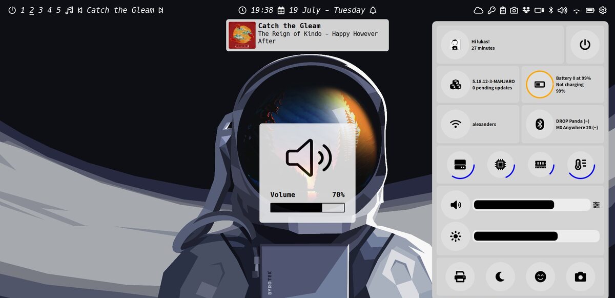 Customized Linux desktop with panels, widgets, and an illustrated wallpaper