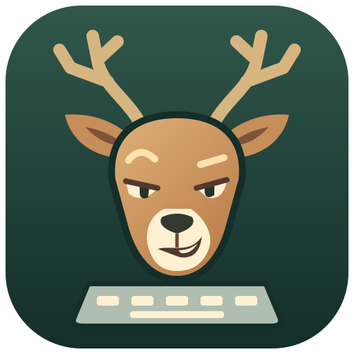 Smirking deer mascot above a keyboard
