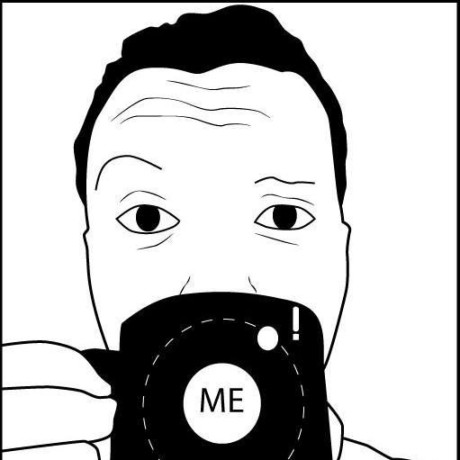 Black-and-white illustrated portrait of Lukas holding a camera
